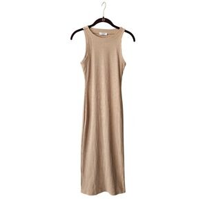 The Workshop Ribbed Midi Dress Womens S Tan Sleeveless Bodycon Crew Neck